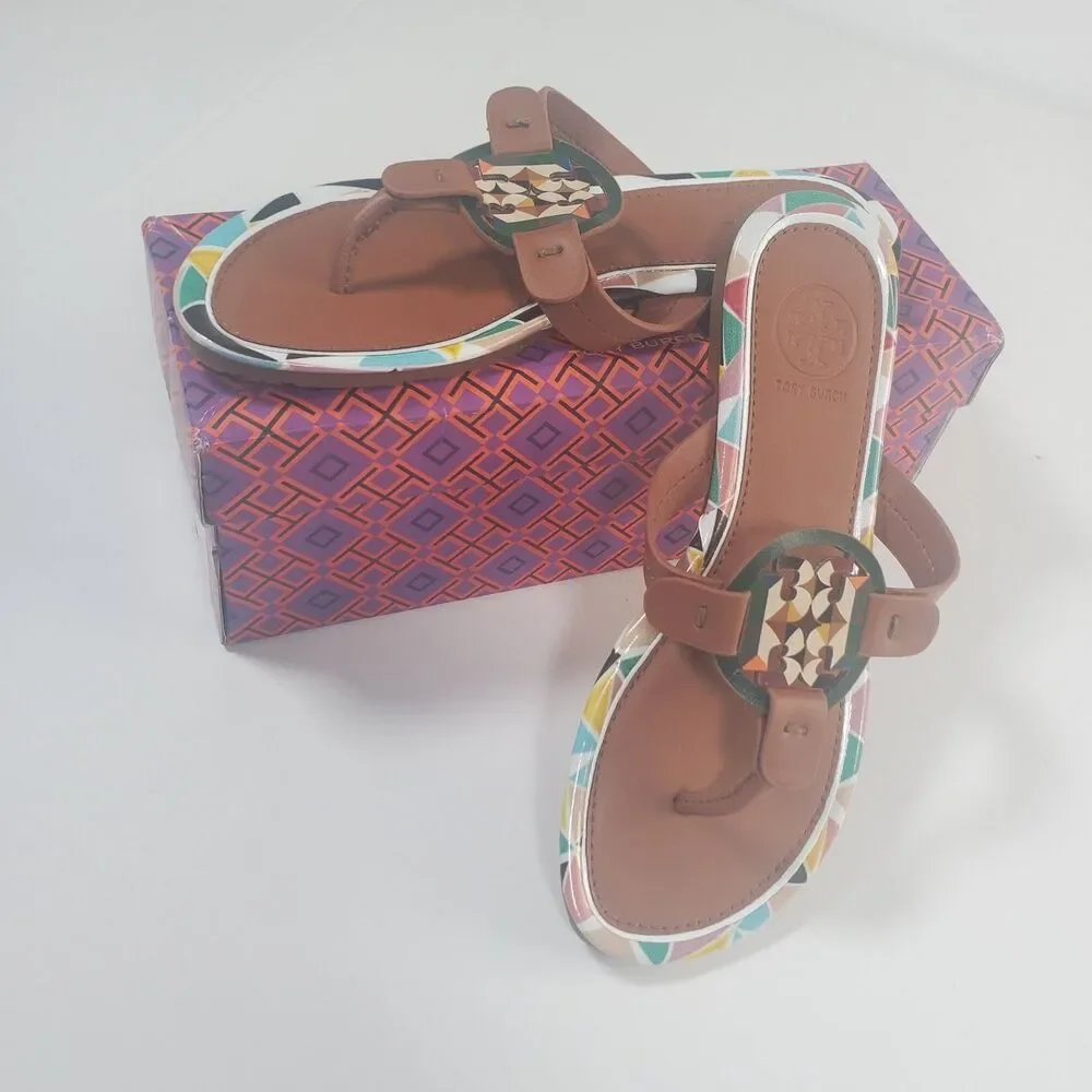 NEW Tory Burch Women’s Sandals Size 7 Brown Multicolor Logo Thong Flip Flop - Picture 7 of 9